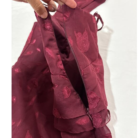 Lulus Womens XS Forever Be Burgundy Floral Jacquard Ruffles Maxi Dress Cocktail - Picture 7 of 11